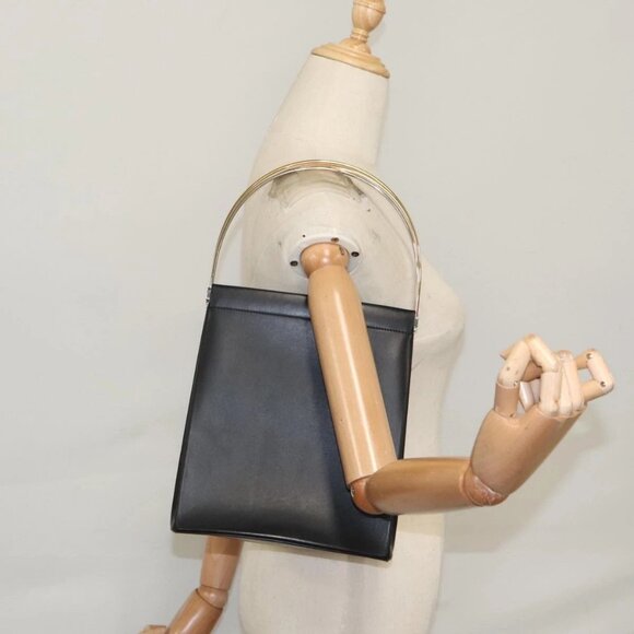 CARTIER Hand Bag Leather Black Gold Silver Auth - Picture 1 of 15